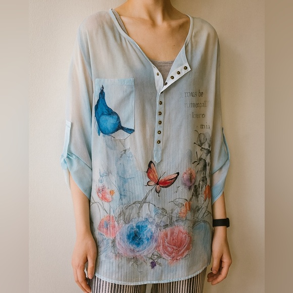 White Floral Butterfly Print Sheer Chiffon Blouse Snap Size Large - Picture 1 of 10